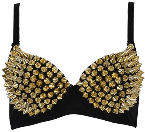 Wedhapy Nieten-BH Punk-Tanz-Performance Gold-Metallic-Nieten Spike-BH mit verstellbarem Riemen für Clubpartys Tanzbekleidung