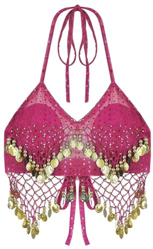 ATEUXOL Bauchtänzerin Oberteil Sexy Frauen Perlen Pailletten Bauchtanz Kostüme BH Professionelle Bauchtänzerin Outfits Bühne Leistung Karneval Tops BH(Pink)