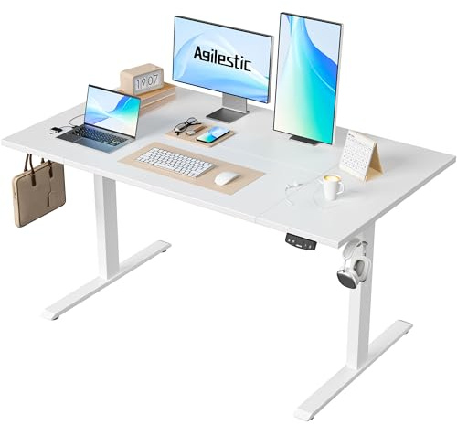 Agilestic Elektriskt höjdjusterbart skrivbord, 140 x 80 cm, sitt-stå-skrivbord med minnesfunktion, höjdjusterbart datorbord, gamingskrivbord med fyrkantig bordsskiva, vitt