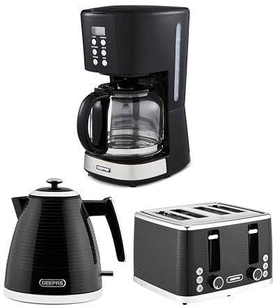 GEEPAS 1.5L Filter Coffee Machine, 1.7L Electric Kettle & 4 Slice Toaster Combo Set | 900W Programmable Drip Coffee Maker | 1600W Bread Toaster 7 Browning Levels | 3000W Rapid Boil Cordless Jug Kettle