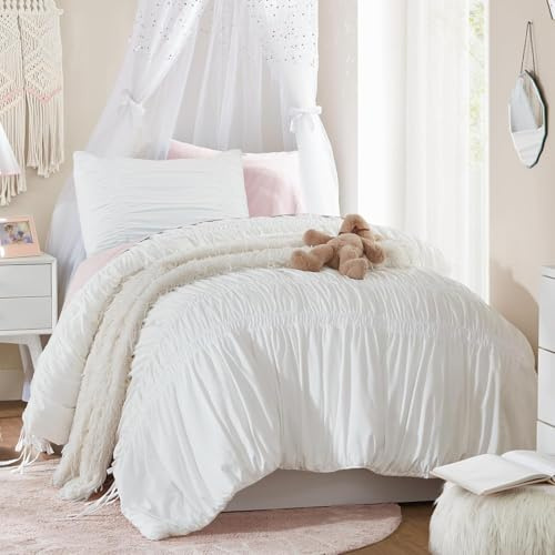 Sedefen Seersucker Bettwäsche 135x200 Weiß Mädchen Geraffter Shabby Chic Bettwäsche Set Französisches Landhausstil Bettbezug 135x200cm und 1 Kissenbezüge 80x80cm mit Reißverschluss