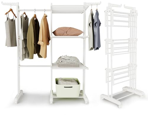 johgee Séchoir à Linge Tour Extensible Longueur 66-130 cm, avec 6 Ailes Pliables sur 3 Niveaux, Support de Lavage Pliable pour Les Grandes familles