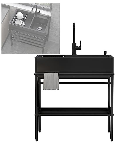 Spülbecken für die Außenküche, schwarzes Edelstahl-Einzelbecken, freistehendes Waschbecken mit Warm- und Kaltwasserhahn, Abflusssieb und Seifenspender, für Garten, Garage, Geschäft oder Bar