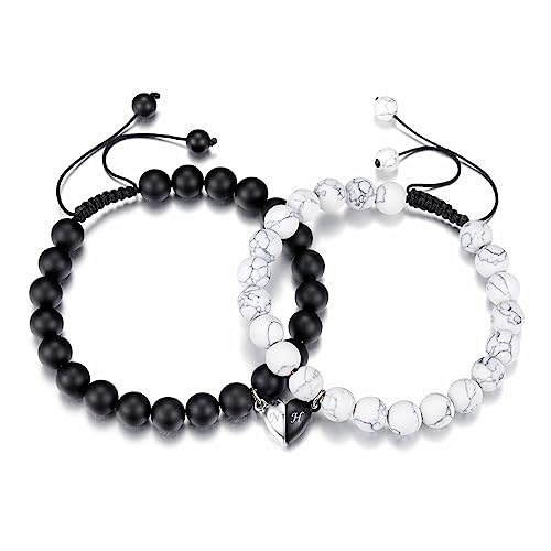 JSDDE Bracelet Magnétique pour Couple Aimant Coeur - en Perles Naturelles Connecté Pierre, Amoureux Élastique (Personnalisé Initiales)