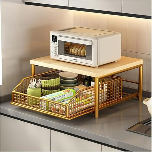 Carro de Cocina de Dos Niveles Organizador para máquina de café con cajones deslizantes Estante de Almacenamiento para encimera Soporte para microondas de Oficina en casa(Gold)