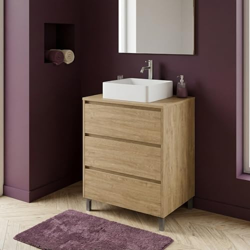 SANIVERRE Meuble Vasque à Poser sur Pied 3 Tiroirs L. 60 cm Chêne Naturel Collection Salle de Bain LISBONA sans Colonne