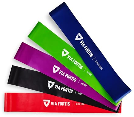 VIA FORTIS Fitnessband set – set med 5 träningsband inkl. engelsk manual och bärväska – 5 x fitnessband, gymnastikband, gummiband, motståndsband, motståndsband