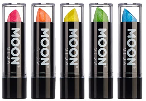 Moon Glow Neon UV Glitzer-Lippenstift, leuchtender neonfarbener Lippenstift, leuchtet unter UV-Strahlung (grün, 5 Stück (1 Stück))