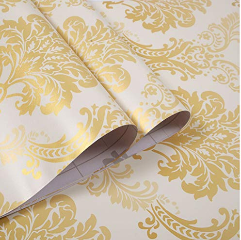 Waddllcor Carta da parati damascata color oro, autoadesiva, per mensole e cassetti, 45 x 200 cm
