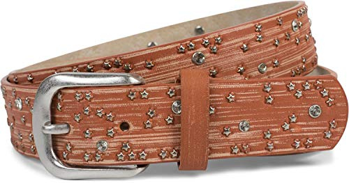 styleBREAKER cinturón de mujer con remaches de estrellas y estrás, superficie en óptica de pinceladas, cinturón de remaches «vintage», acortable 03010096, tamaño:100cm, color:Coñac