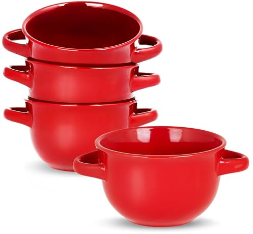 KooK French Onion Soup Crocks with Handles, Ceramic Bowls, for Rice, Dessert, Pasta, Dishwasher, Microwave, Oven & Broil Safe, Red, Set of 4, 18 oz, Red