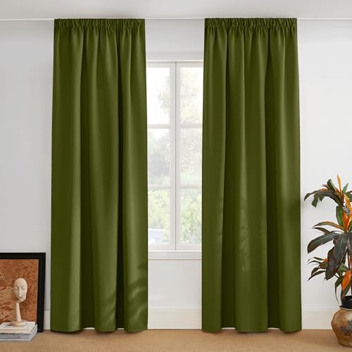 PONY DANCE Wohnzimmer Vorhänge Blickdicht Kräuselband Thermovorhang | 2er Set, H 245 x B 140 cm, Oliv-grün, für Schienensystem, gegen Hitze, für Wohnzimmer, Verdunklungsvorhänge, Blackout