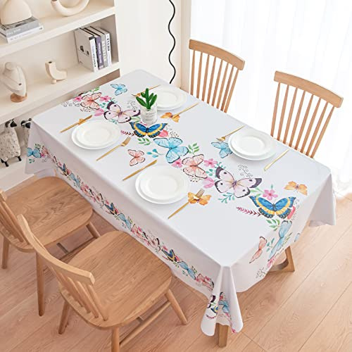 PUDSIRN Abwischbare quadratische Tischdecke, weißes Schmetterlings-Blumenmuster, PVC, abwischbare Tischdecke, wasserdichte, staubabweisende Kunststoff-Party-Tischdecke für Hochzeiten (140 x 240 cm)