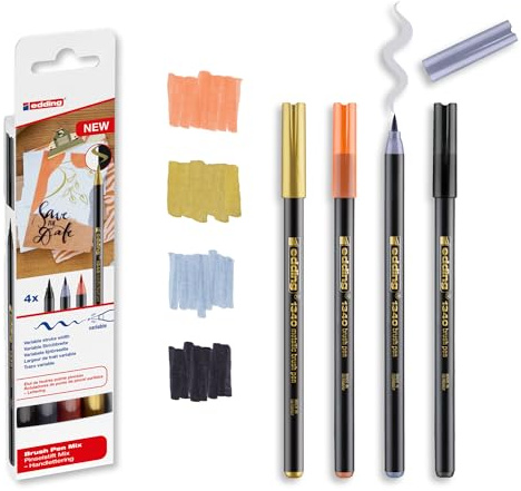 edding 1340 Pinselstifteset - 4 Stifte - gold metallic, schwarz, grau, aprikose - flexible Pinselspitze 1-6 mm - Stifte zum Schreiben und Zeichnen - hohe Deckkraft auch auf dunklerem Papier