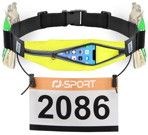 RJ-Sport Laufgürtel für Handy - wasserdichte Lauftasche, Sportgürtel Hüfttasche, Triathlon Startnummernband Laufgurt mit Bauchtasche & Verstellbarem Gummiband & Nummernhalter &6 Gel-Halter (Gelb)