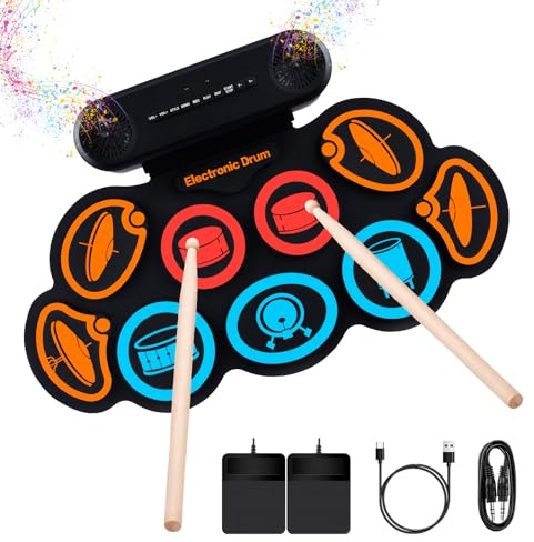 Schlagzeug Elektronisch, 9 Pads Rolling Electric Drum Pad Kits Machine Mit KopfhöReranschluss, 10 Stunden Spielzeit, 2 Eingebaute Lautsprecher (Bunt)