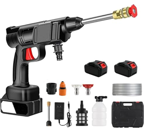 Nettoyeur Haute Pression à Batterie, Nettoyeur Haute Pression sans Fil avec 2 x 16680VF Batteries et Boîte de Rangement, Distance de Pulvérisation d’Eau de 0 à 8 Mètres, pour Voitures Jardin