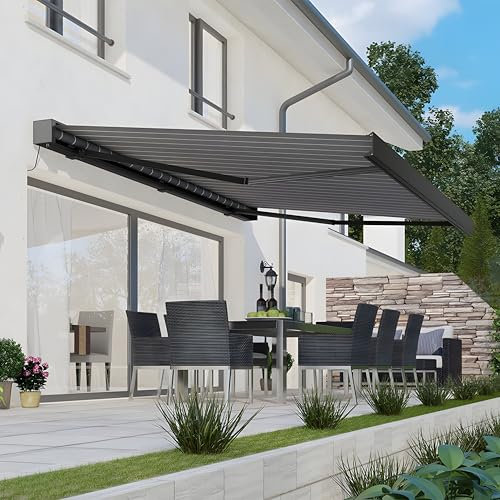 Primrose Electric Awning 3.5m x 2.5m Remote Control Pin Stripe Grey Deluxe Full Cassette DIY Patio Awning with Lights Gazebo Canopy Complete with Fittings and Winder Handle