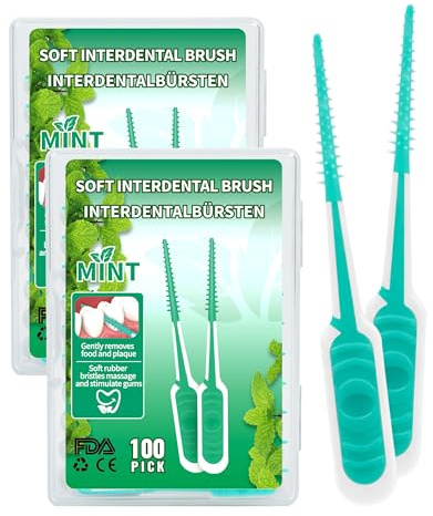 200x Cepillos Interdentales menta Palillos de Dientes Hilo Dental Cepillo Punta de Goma Triangular Suave y Flexible, Sin Partes Metalicas, limpieza interdental fácil y eficiente