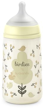 Suavinex, Biberon Anticolica da 270 ml con Tettina Simmetrica SX Pro in Silicone, Flusso Medio (M), per Liquidi a Densità Media, Latte, Succhi o Acqua. Neonati +3 Mesi. Birdies, Neutro