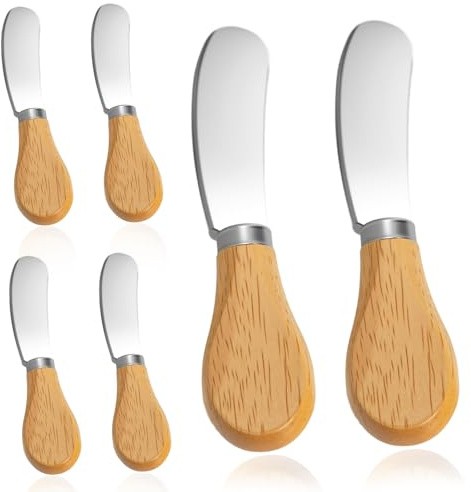 Darlingao 6 Pcs - Cheese Knife Set with Wooden Handle, Stainless Steel Butter Spreader for Charcuterie, Sandwiches, Dips, and Appetizers - Gift Set for Cheese Lovers