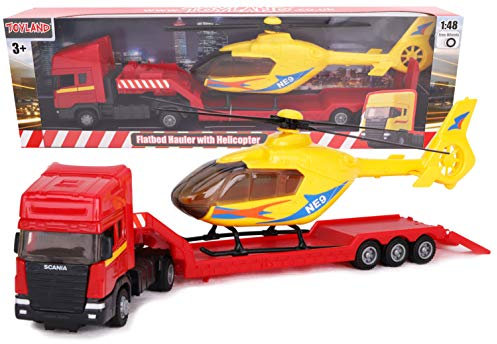 Toyland® Scania Flatbed Hauler With Helicopter - 1:48 Scale - Free Wheel - Transport Vehicle Toys - Vehicle Collectables - Boys Toys (Red Truck/Yellow Helicopter)