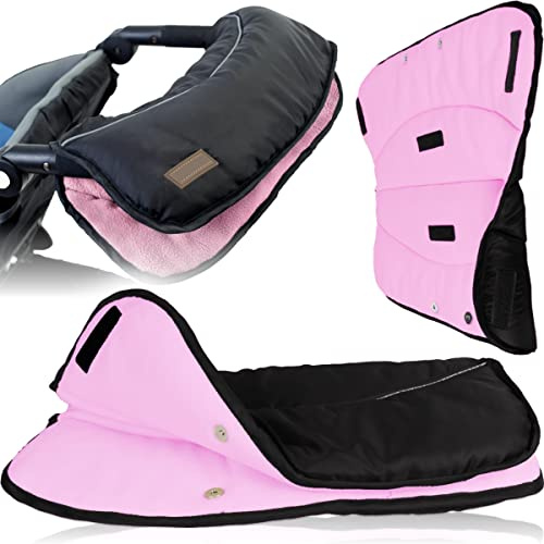 Kinderwagen Handwärmer Handmuff mit kuschelweichen FLEECE Handschuhe Kinderwagenmuff Buggy Sportwagen Universal Wind - und Wasserabweisend reflektierend (SCHWARZ/ROSA)