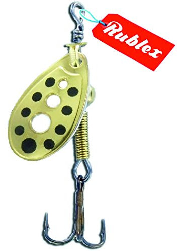 Rublex - Pack de 5 Cucharillas de Pesca C-Turbo-0 OPN | Cebo Artificial de Pesca con Sistema de Clip y Acción de Giro Mejorado, Color Oro Puntos Negros, 1'5gr