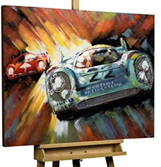 KunstLoft Metallbild 3D | 100% HANDGEFERTIGT | 100x75x5,5cm | Wandbild Metall Deko 'Racing Duel' | Auto Rennen Wettkampf | Blau Rot | Metall Wanddeko Wohnzimmer