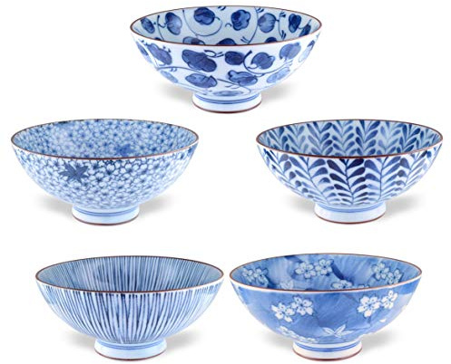 Japanese Handcrafted Rice Bowl, Authentic Mino Ware Pottery, Aie gawari Chawan, set of 5