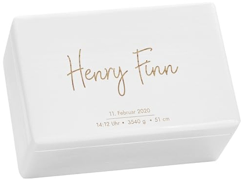 LAUBLUST Erinnerungsbox Baby Personalisiert - Serie Niers - Geschenk zur Geburt | M - ca. 30x20x14cm, Holzkiste Weiß FSC®