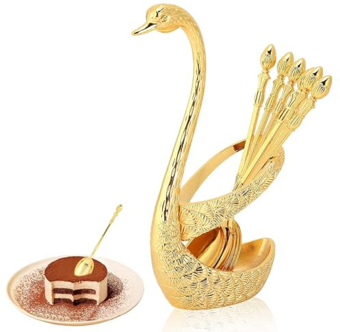 Set di 6 cucchiaini da caffè, cucchiaio lungo 5 pollici con manico a corona, cucchiaini da dessert, cucchiaini da tè dorati, cucchiaini da caffè espresso con base a forma di cigno (Oro)