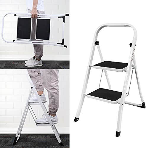 Portable Foldable 2 Step Steel Ladder Non Slip Tread Stepladder Safety Folding Heavy Duty Step Stool, 2 Step Ladder Stepladder ideal for Home/Kitchen/Garage 150KG Max Capacity Black