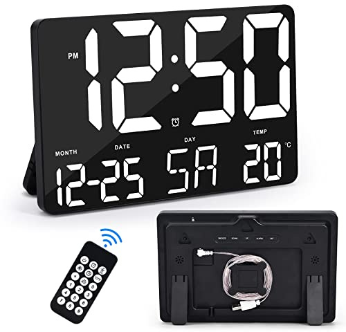 U-picks Digitaler Wecker Wanduhr mit Fernbedienung, 11,5 Große LED-Display-Schreibtischuhren mit Woche, Temperatur, einstellbare Helligkeit, 12/24 Stunden, Kalenderuhr für Schlafzimmer-Weiße Ziffer