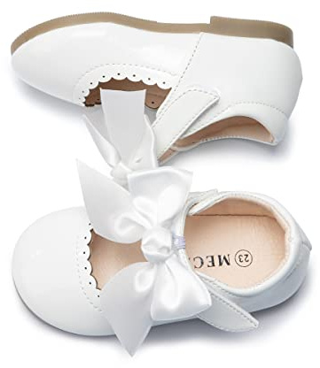 Bellocasa Mary Jane Little Girls Dress Shoes Toddler Baby Ballet Flats Flower Girls Wedding Party Bow Princess Kid Shoes (JY1807 White,21)