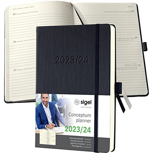 SIGEL C2401 Terminplaner Wochenkalender 2023/2024, ca. A5, schwarz, Hardcover, Gummiband, Stiftschlaufe, Archivtasche, PEFC-zertifiziert, 18-Monatskalender, Conceptum