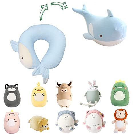JOYRAVO Kinder Reisekissen 2-in-1 verformbares Nackenkissen, weiches U-förmiges Kissen mit niedlichen Plüschtieren, gemütlicher Schlaf- und Spielbegleiter für Flugzeuge Reisen-Blauwal