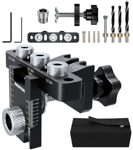 Self Centering Doweling Jig Kit - Dowel Jig Kit for Straight Holes, Adjustable Width Woodworking Joints Tool Drill Guides Locator, 3 Size Drill Bit (8, 10, 15 mm) (5/16, 3/8, 19/32), Organizer Bag