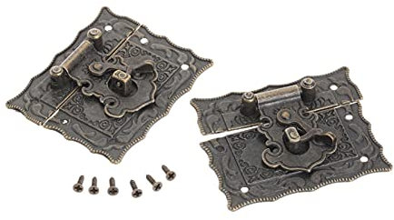 Antiker Riegel-Haspe-Verschluss, Schloss-Haken-Ösen-Riegel, 5 Stück, Bronze, rechteckige Schnalle, dekorativer Schmuck, Geschenk, Wein, Holzkiste, Haspe, Türhaken, Eisenschnalle mit Schraube, 67 x 56