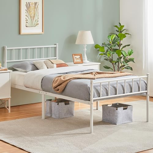 Yaheetech Metallsäng 90 x 200 cm, sängram med sänggavel sängram av metall, gästsäng med ribbotten för sovrum, gästrum, vit