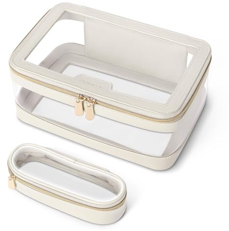 Soimeat Transparente Make-up-Tasche mit Make-up-Pinseltasche, Leder-Make-up-Kulturbeutel, tragbare Kosmetiktasche, transparent, wasserdicht, Kosmetik-Organizer, Aufbewahrungstasche, beige, L,