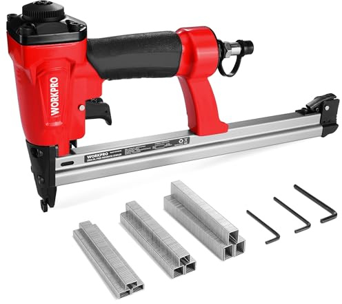 WORKPRO Pneumatic 20 Gauge Staple Gun, Oil-Free T50 Upholstery Stapler with 1260pcs 1/4 to 5/8 Staples, Extended Magazine, 200-count Staple Capacity, for Carpentry, Woodworking and DIY Projects