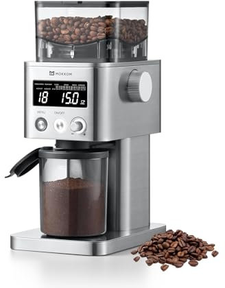 MOKKOM - Molinillo de café, molino cónico antiestático, molino de rebabas eléctrico ajustable con 31 ajustes precisos para café expreso, goteo, vertido, cerveza fría, prensa francesa