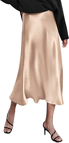 Zeagoo Satin Skirts for Women High Waist Silk Midi Skirts Casual A Line Zipper Skirt Cracker Khaki XL
