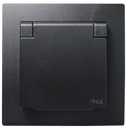 MC POWER Schutzkontakt-Steckdose IP44 + Rahmen | FLAIR | 250V~/16A, Unterputz Wandsteckdose mit Klappdeckel Spirtzwasserschutz, Schraubklemmen Anschluss, matt Schwarz