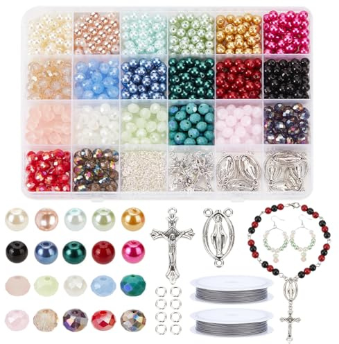 nbeads Rosenkranz Kreuz Bausatz, 1120 Stück Bausatz Rosenkranzkreuz Kreuz Perlen Kit Glasperlen Schmuck Bastelset für Rosenkranz Ostern Armband Halskette Machen