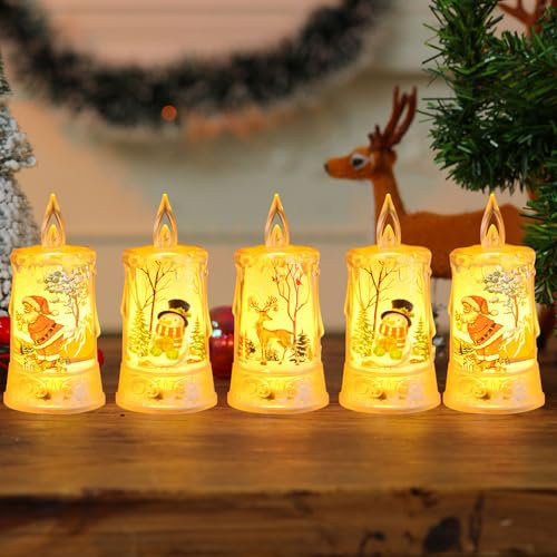 Recitem LED Weihnachtskerzen mit Batterie, Flammenlose Teelichter, Kabellose Weihnachtsbaumkerzen, LED Stumpenkerzen für Weihnachten, Warmweiße Kerzen mit Motiv für Dekoration (12 Stück)
