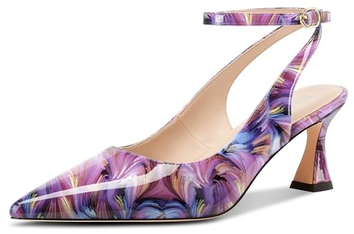 NobleOnly Damen Geschlossene Spitze Zehenkappe Knöchelriemen Kitten Absatz Heel Slingback Dress Hochzeit Lässig Pumps 6 cm Heels Lila Wirbel 39 EU
