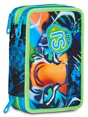 SJ GANG STYLE JAM GANG Astuccio Scuola 3 Zip Air Tiger, Blu, Portapenne Triplo Scomparto Completo Di Penne, Matite, Colori, Accessori Zaino, Scuola Elementare, Bambino