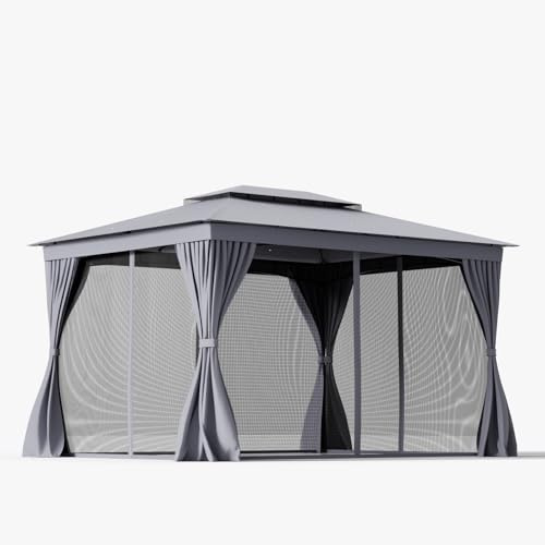 HOMASIS 3 x 4 m Pavillon Metall, Wasserdicht Gartenpavillon mit Moskitonetz, Vorhang & Doppeldach, Wetterfest Stabil Partyzelt mit UV-Schutz, 8 Heringen, Gartenzelt für Garten Party Terrasse Hinterhof